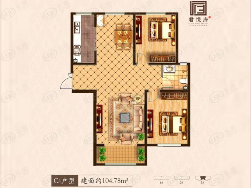 包頭裝修方案君悅府兩室兩廳一衛(wèi)104.78平方米