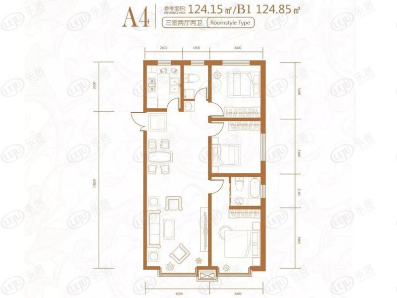 包頭裝修方案名仕花園三室兩廳兩衛(wèi)124.15平方米