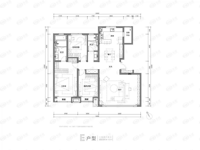 包頭裝修方案萬科中央公園三室兩廳兩衛(wèi)125平方米